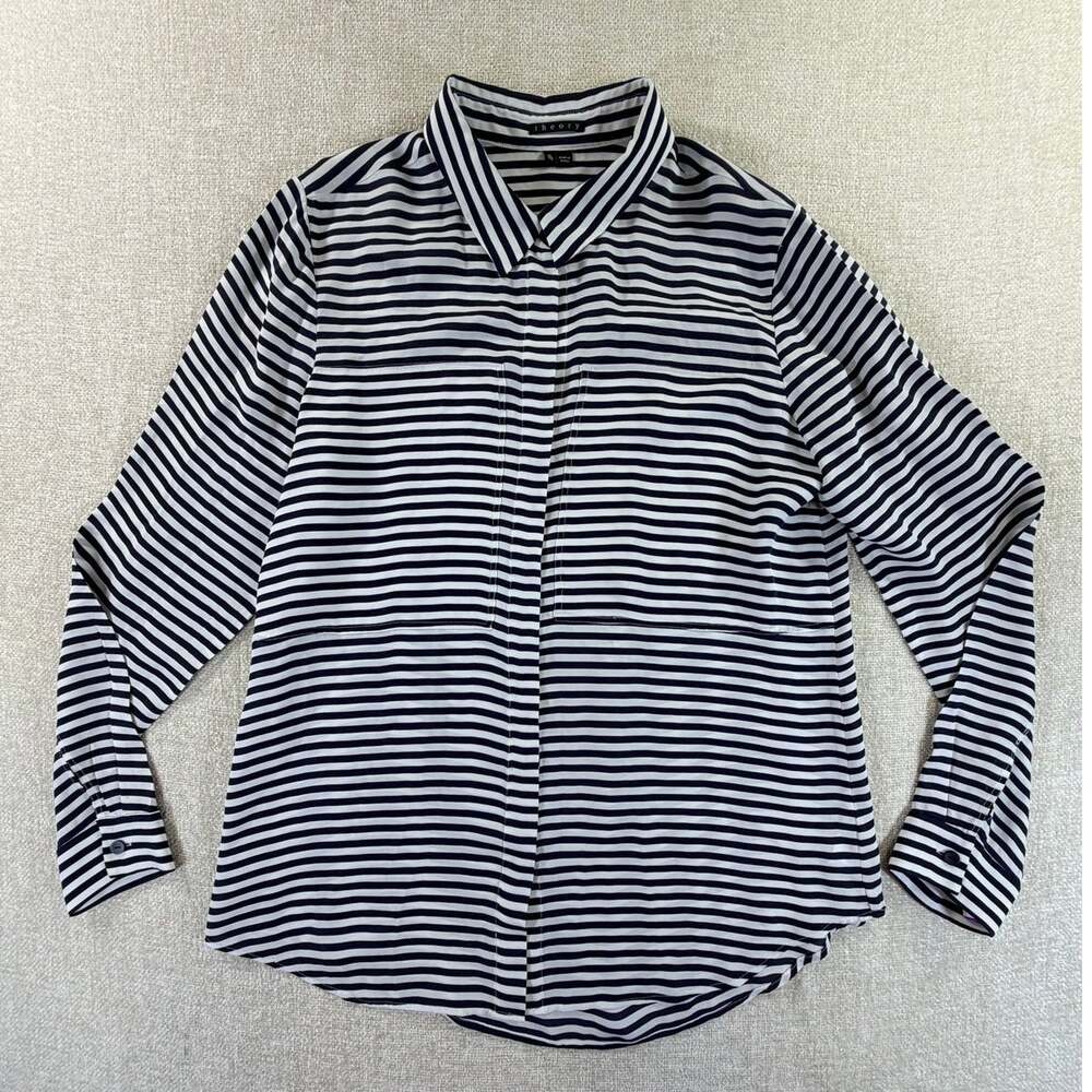 Theory Women XL Blue White Stripe Silk Long Slve Button Front Minimalist Blouse